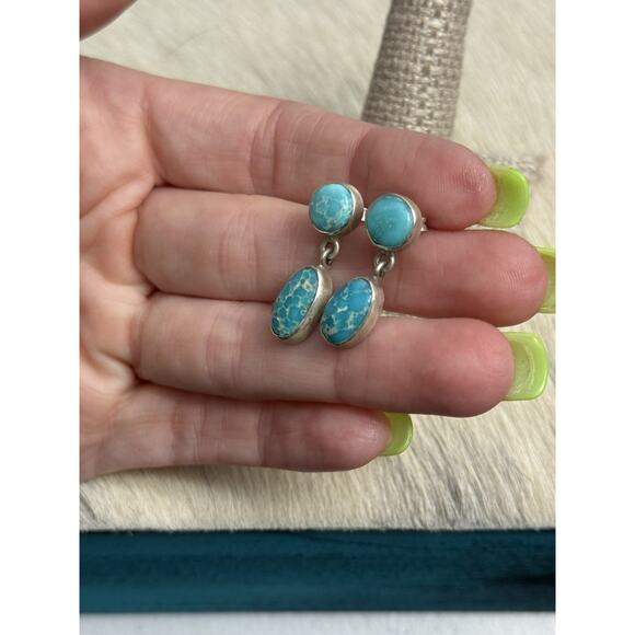 Native American Sterling White Water Turquoise Double Stone Post Dangle Earrings - Picture 5 of 6